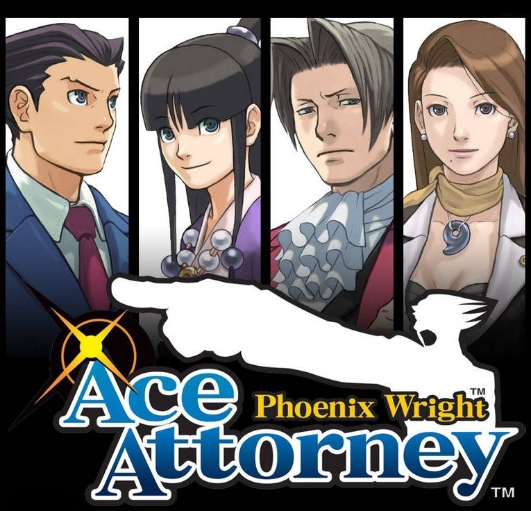 the box art for phoenix wright: ace attorney. it features the logo on the bottom half of the image, which says the title and has the white shape of phoenix wright pointing and yelling. in the background there are four columns with one character portrait in each. from left to right they are phoenix wright, maya fey, miles edgeworth, and mia fey